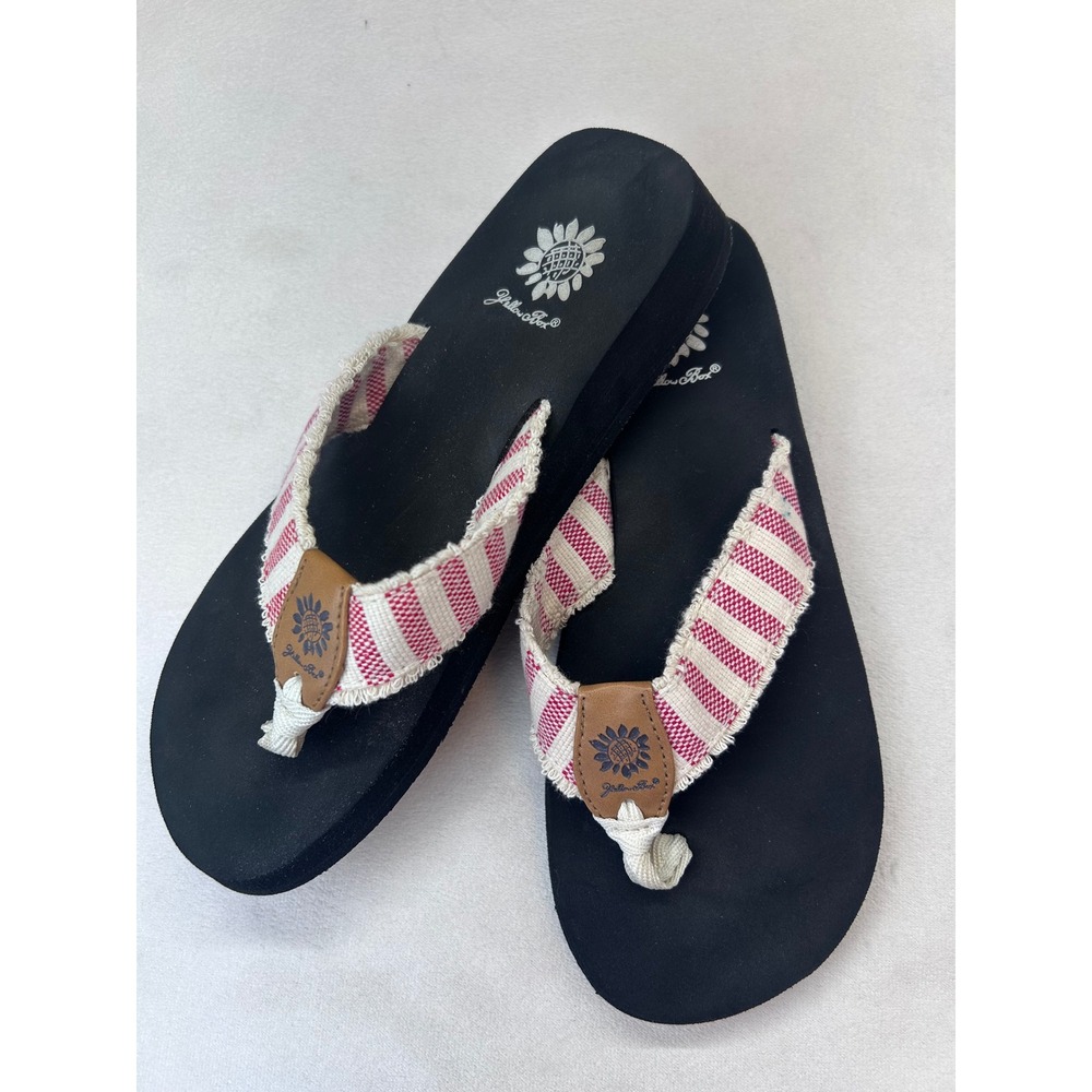 Yellow Box Flip Flops Women 7.5 Black Red Striped Frayed Wedge Sandals
